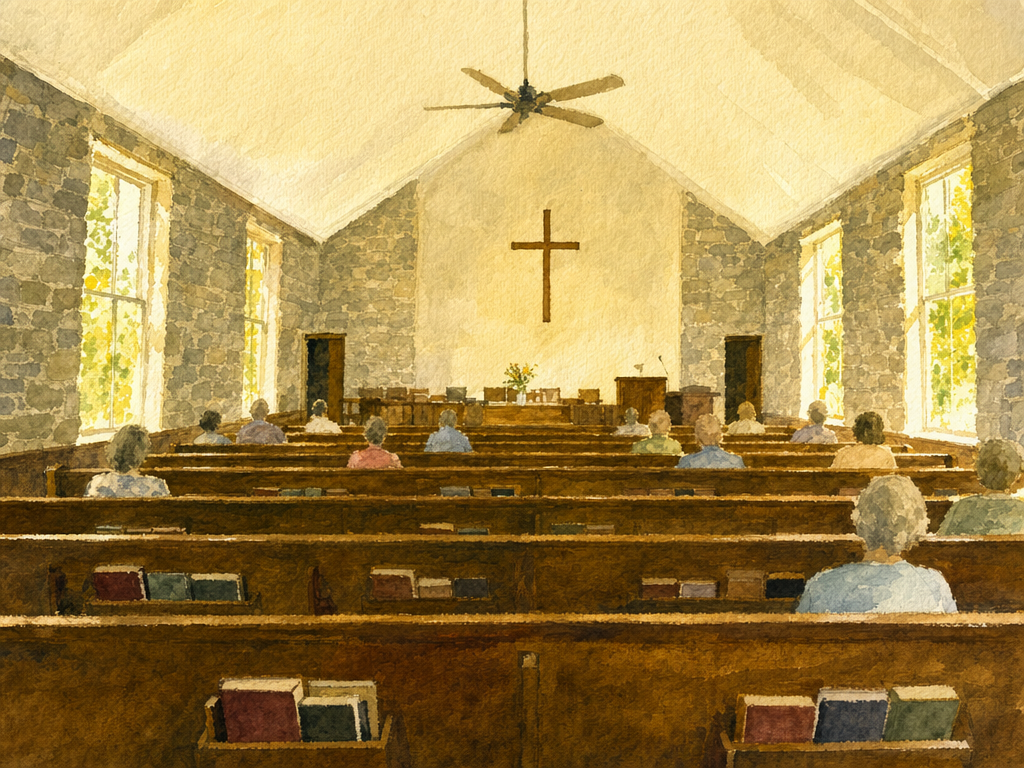 Watercolor interior of a small stone church during a summer service, with wooden pews, a few congregants, a cross on the front wall, and sunlight through tall windows.