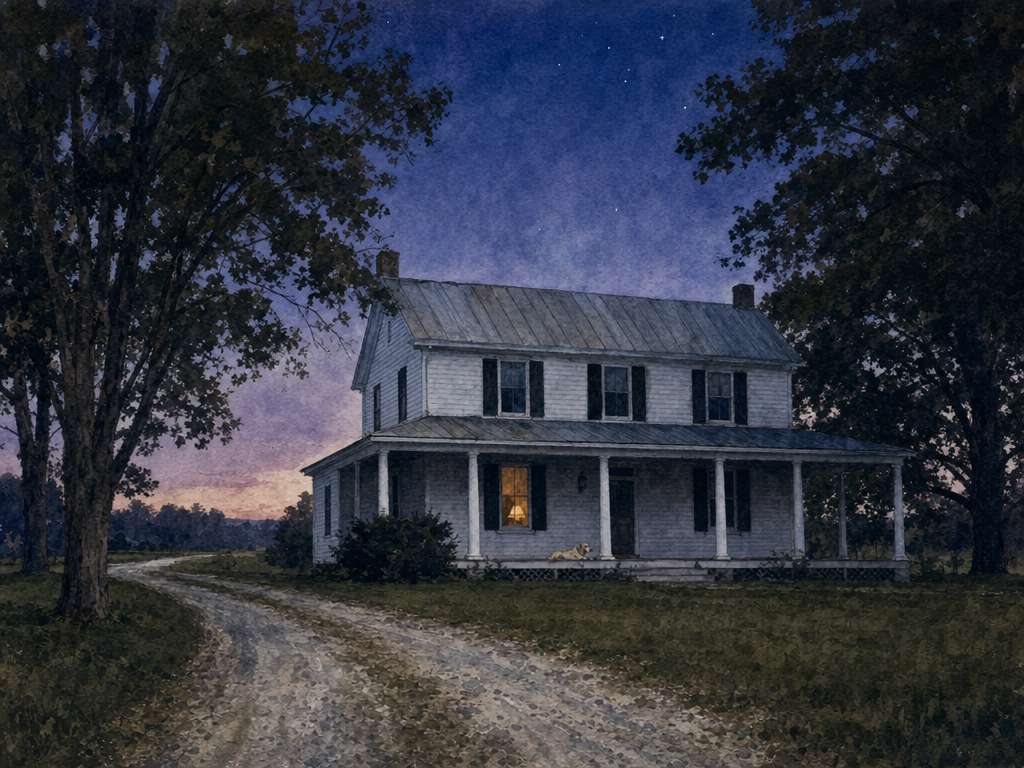 Watercolor of a white two-story farmhouse at evening with a single lit window, a dog on the porch, a gravel drive, shade trees, and a twilight sky with stars.