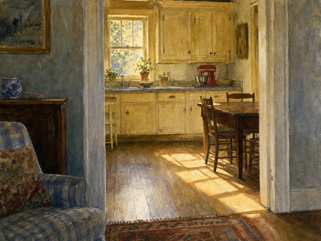 Watercolor view through a doorway into a sunlit farmhouse kitchen with a wooden table, cream cabinets, a red stand mixer, and afternoon light across the hardwood floor.