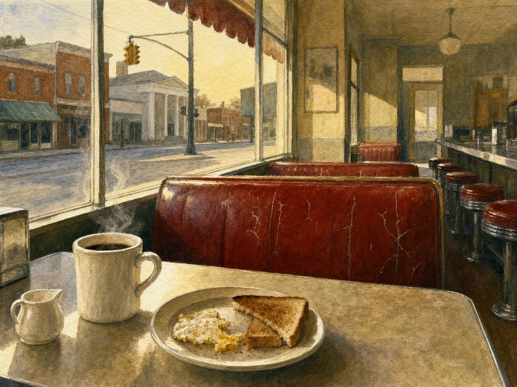 Watercolor of a diner booth with a plate of eggs and toast and a steaming cup of coffee, looking out the window at a small-town main street.