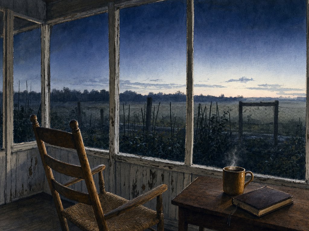 Watercolor of a screened porch before dawn with a rocking chair, a steaming mug and Bible on a side table, and a misty garden and pale horizon through the screens.