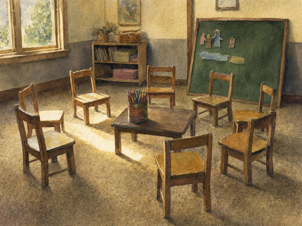 Watercolor of an empty Sunday school classroom with small wooden chairs in a circle, a tin of crayons on a low table, a felt board with paper figures, and sunlight from the window.