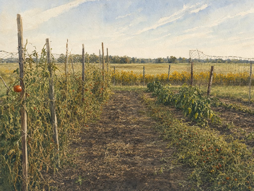 Watercolor of a garden in late August with tired tomato vines on stakes, a few last fruits, a dirt path between rows, and goldenrod along the fence under a hazy sky.