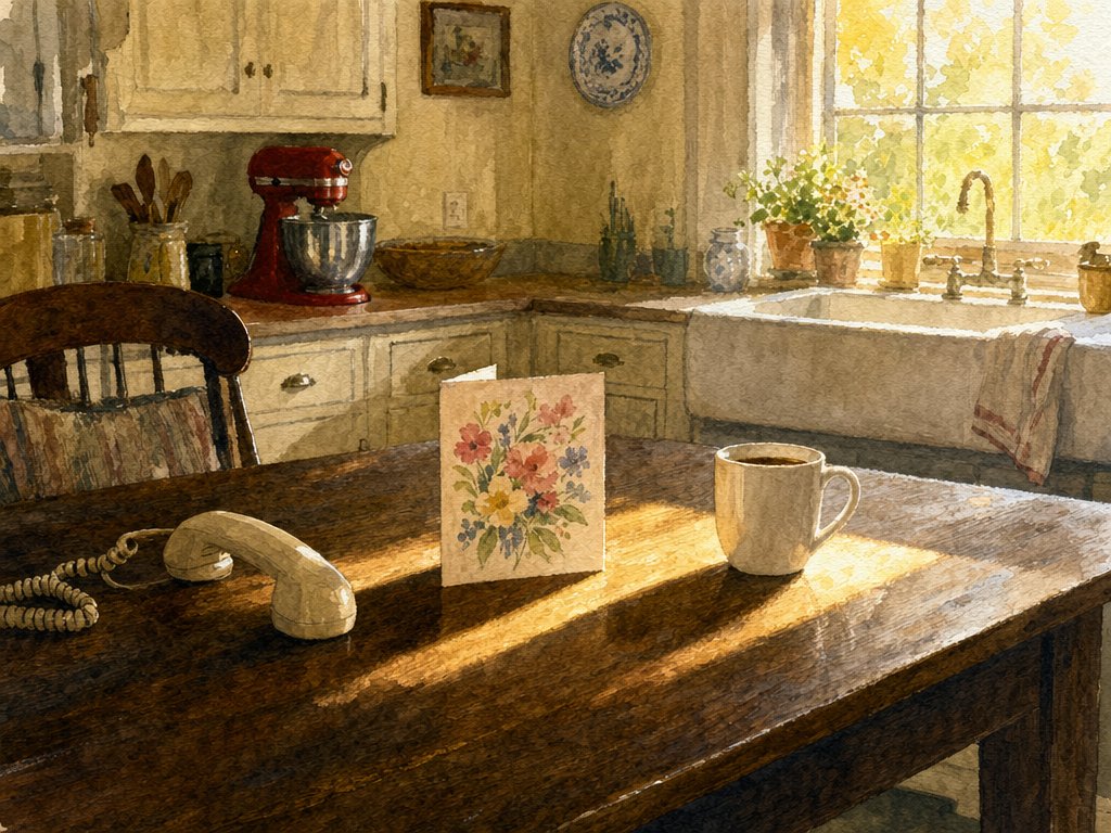 Watercolor of a farmhouse kitchen table with a floral birthday card, a cup of coffee, and a telephone handset, with morning sunlight filling the kitchen.