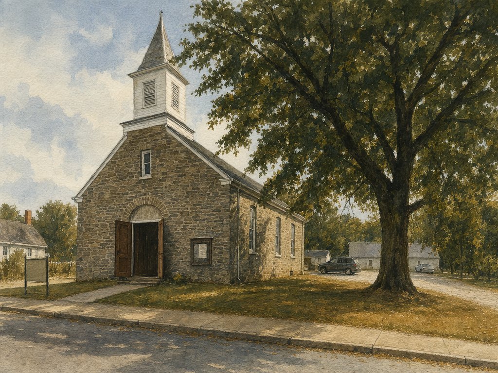 Watercolor of a small stone church with a white steeple, its wooden doors open on a summer morning, with a shade tree, parked cars, and small-town houses nearby.