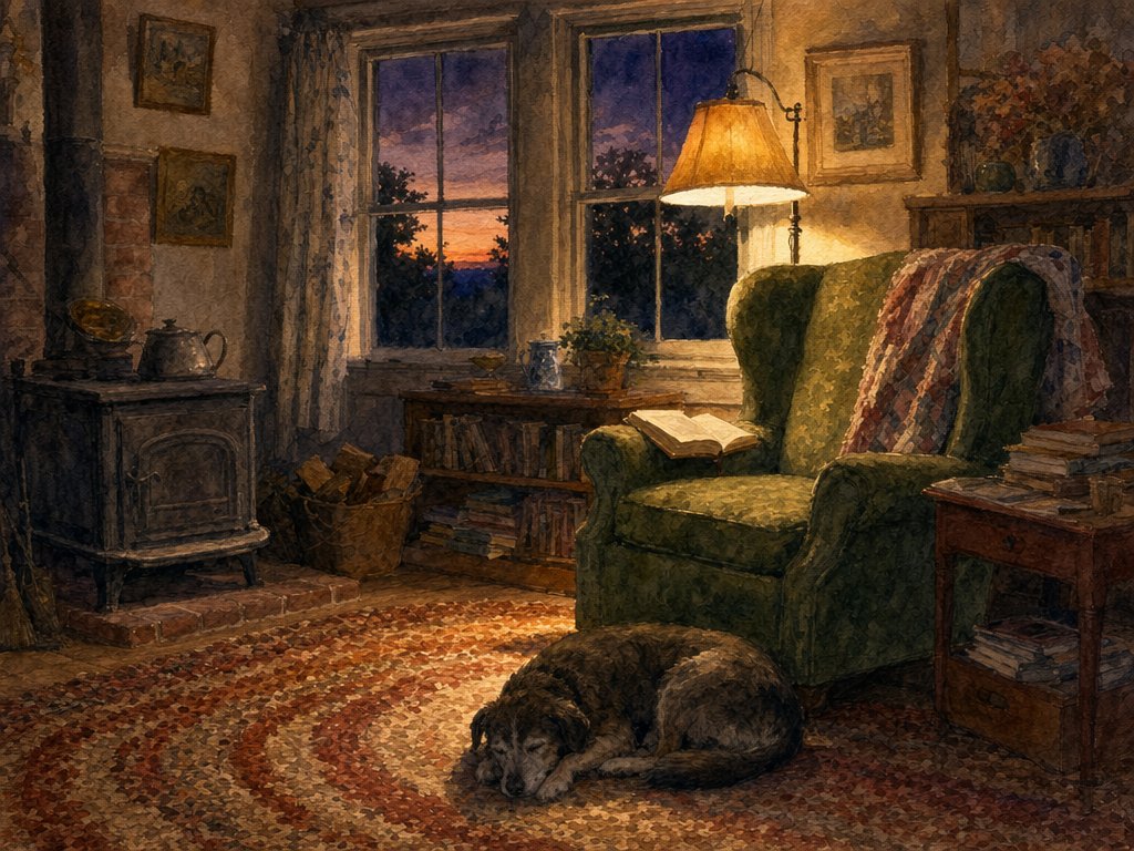 Watercolor of a farmhouse living room at evening with a green armchair, an open book, a sleeping dog on a braided rug, a woodstove, and sunset light through the windows.