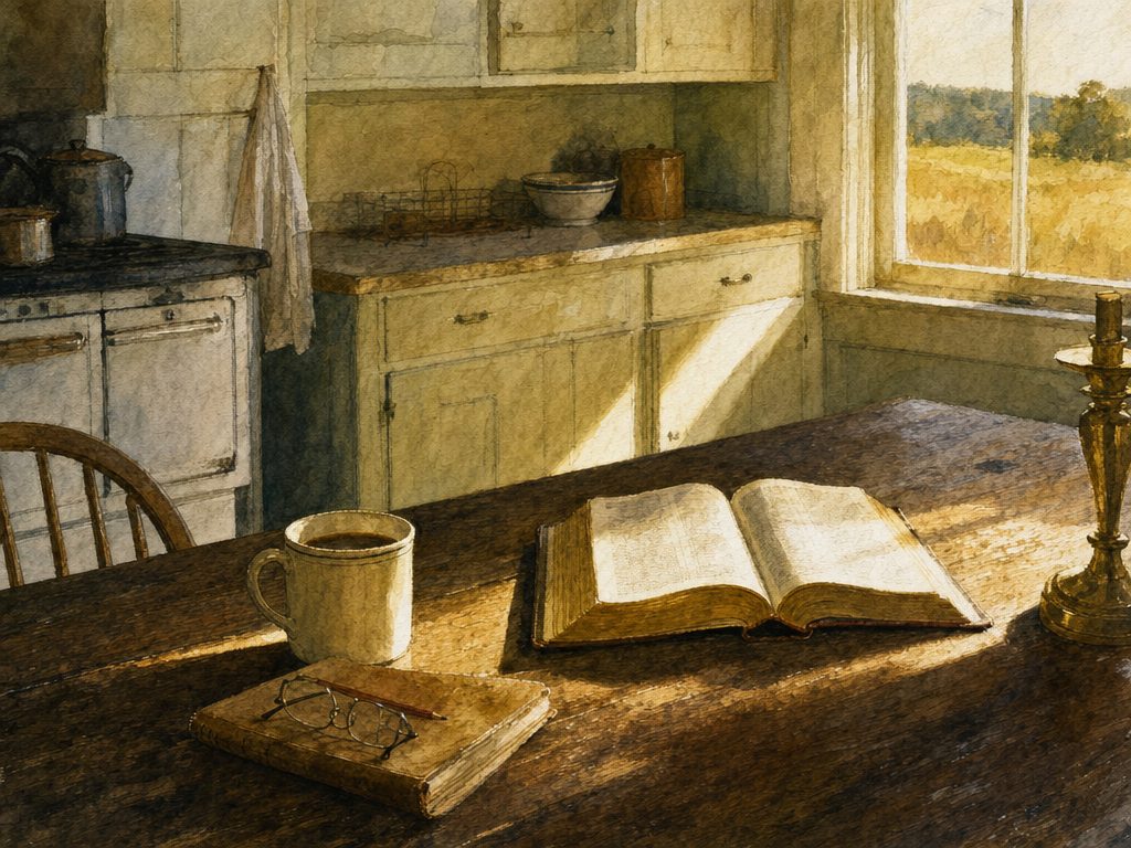 Watercolor of a kitchen table in morning light with an open Bible, a cup of coffee, reading glasses, and a brass candlestick, cream cabinets and golden fields through the window.