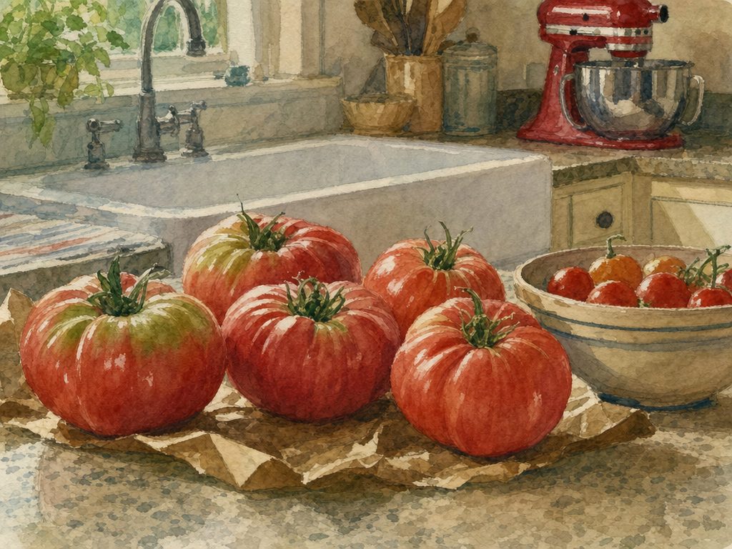 Watercolor close-up of large heirloom tomatoes on brown paper on a farmhouse kitchen counter, with a bowl of cherry tomatoes, a red stand mixer, and a sink by the window.