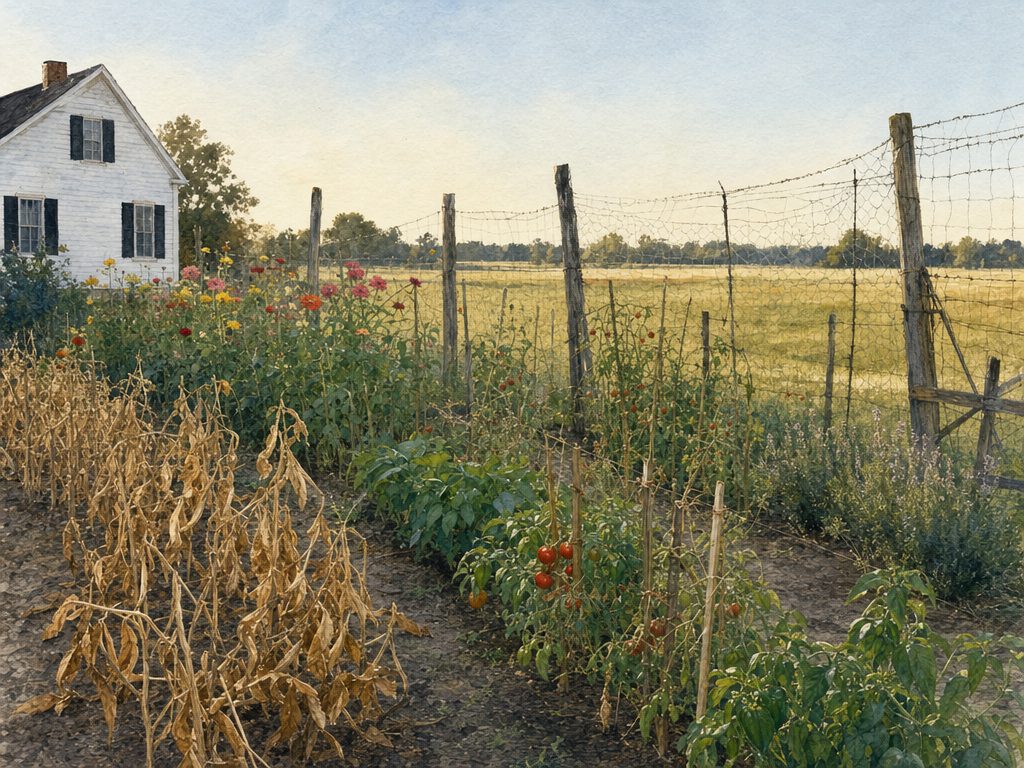 Watercolor of a late-summer garden in morning light with the white farmhouse behind, dried bean plants, ripening tomatoes, zinnias, and golden fields beyond the fence.