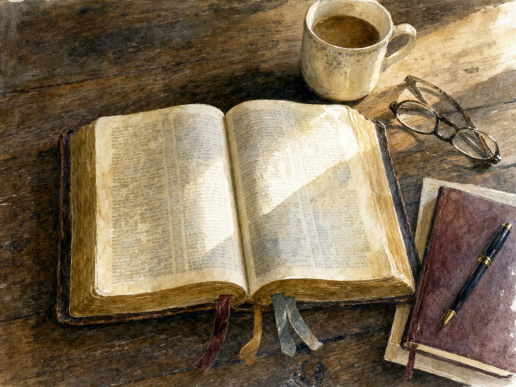 Watercolor overhead close-up of an open Bible with ribbon markers on a wooden table, with a cup of coffee, reading glasses, and a leather journal with a pen.