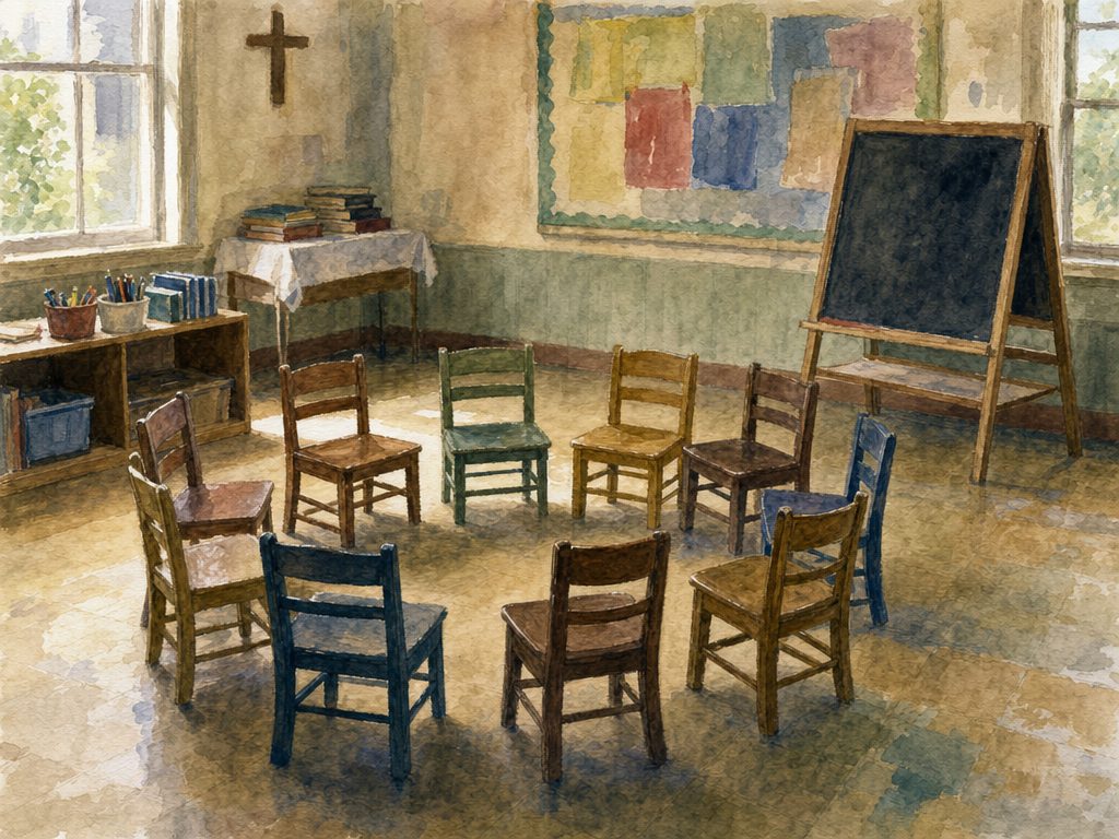 Watercolor of a Sunday school classroom with small wooden chairs in a circle, a chalkboard easel, children's artwork on the bulletin board, a cross on the wall, and sunlight from the windows.