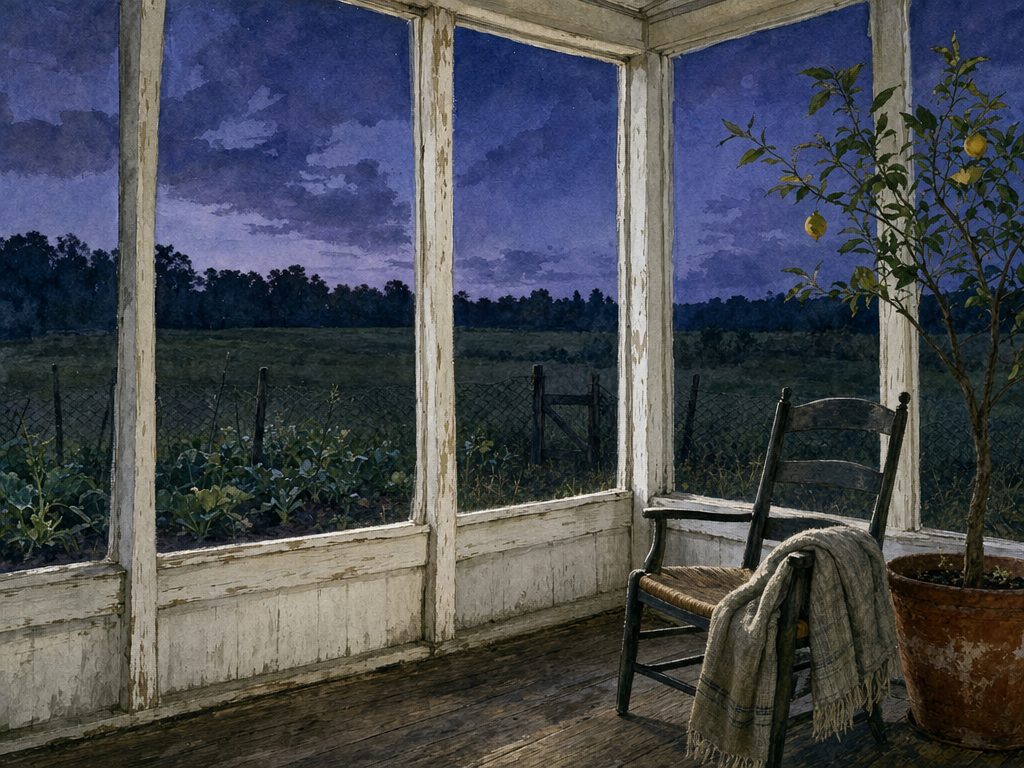 Watercolor of a screened porch at twilight with a ladder-back chair and draped blanket, a potted lemon tree, the garden through the screens, and a purple evening sky.