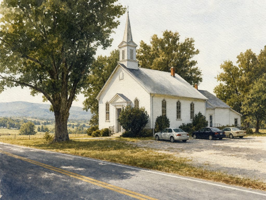 Watercolor of a white clapboard country church with a steeple beside a two-lane road, a few cars in the gravel lot, a shade tree, and blue mountains in the distance.