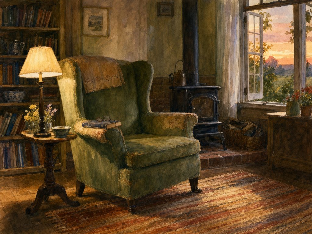 Watercolor of a farmhouse living room at sunset with a green wingback chair, a closed book, a lit lamp on a side table, a woodstove, bookshelves, and sunset through an open window.