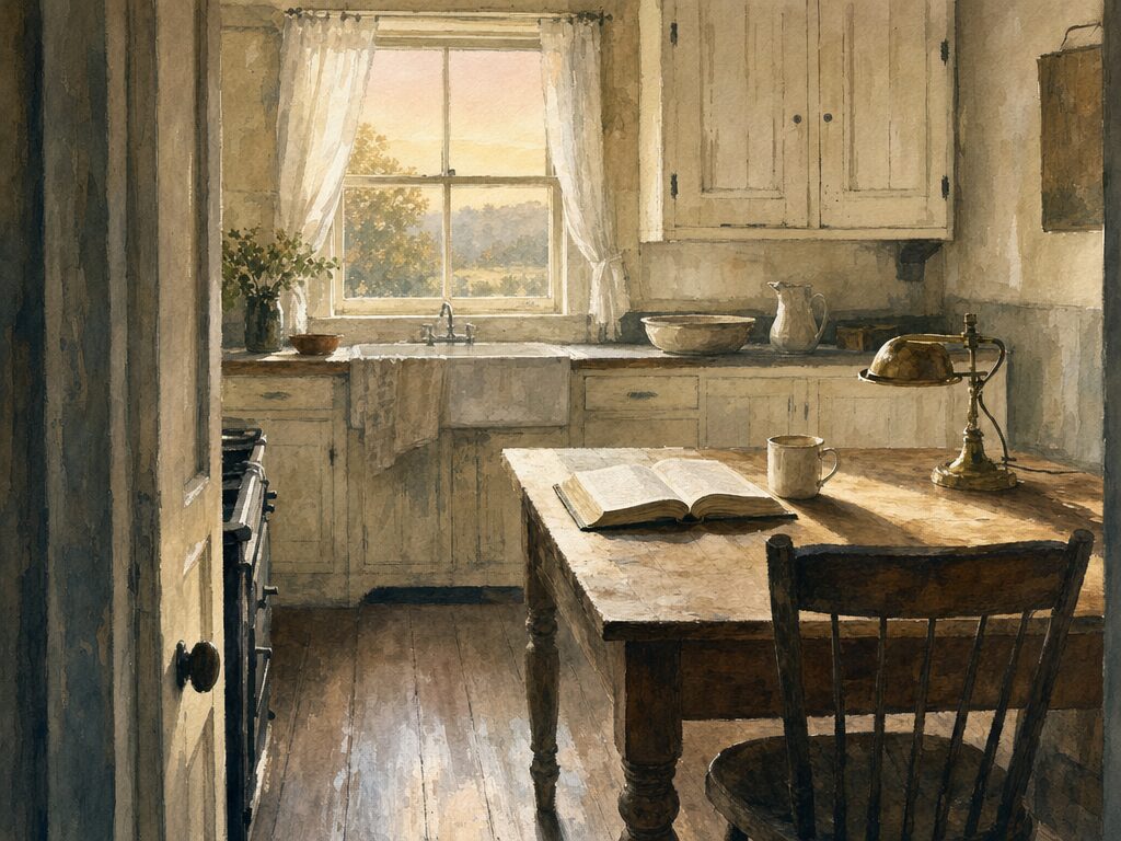 Watercolor of a farmhouse kitchen through an open doorway with an open Bible and mug on the table, a brass lamp, cream cabinets, and a curtained window showing a pink sky.