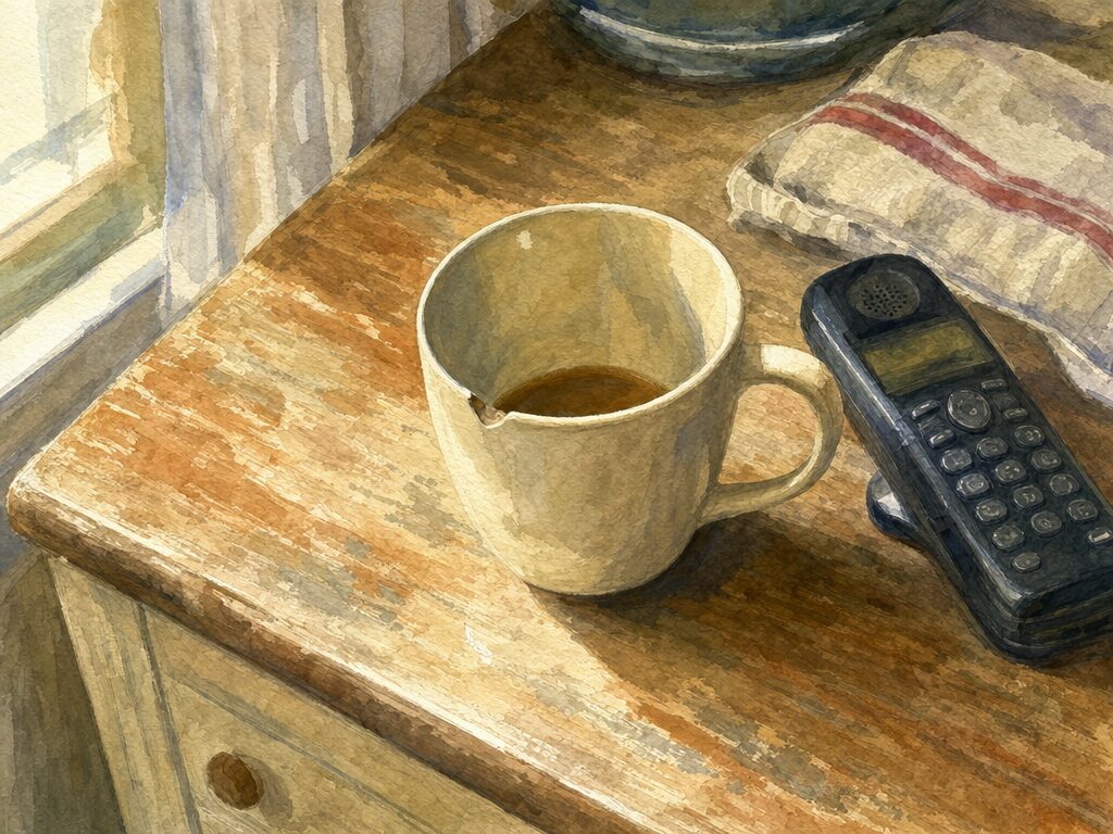 Watercolor close-up of a half-finished cup of coffee and a cordless telephone on a wooden counter beside a striped dish towel and a curtained window.