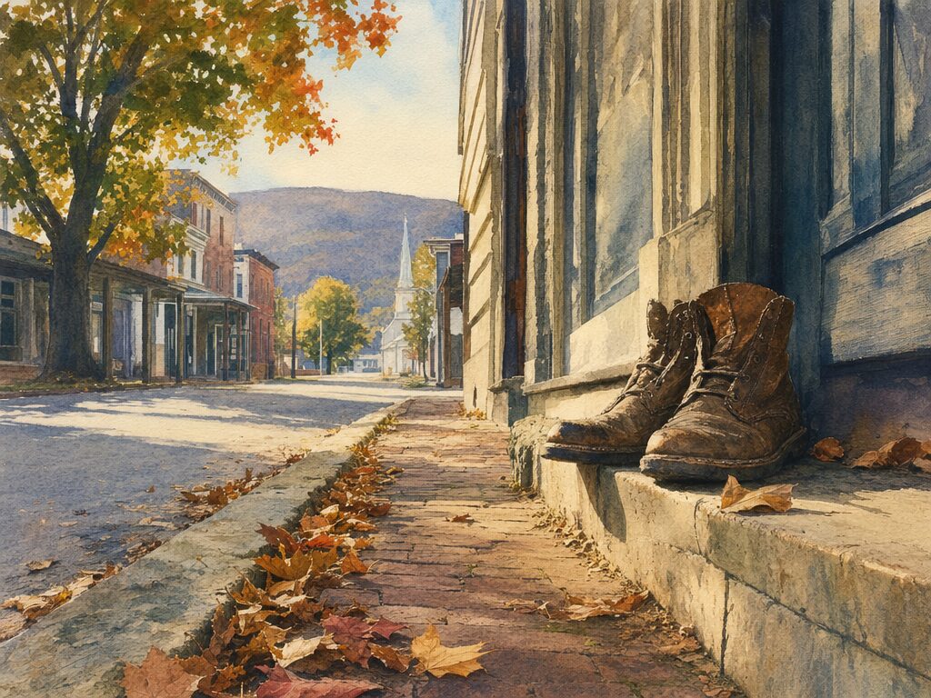 Watercolor of worn leather boots on a brick sidewalk in a small town, with fallen autumn leaves, storefronts, a church steeple, and blue mountains in the distance.