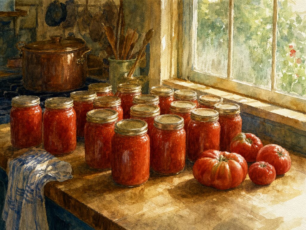 Watercolor of rows of sealed mason jars of canned tomatoes on a kitchen counter beside fresh heirloom tomatoes, a copper canning pot, and a sunlit window.