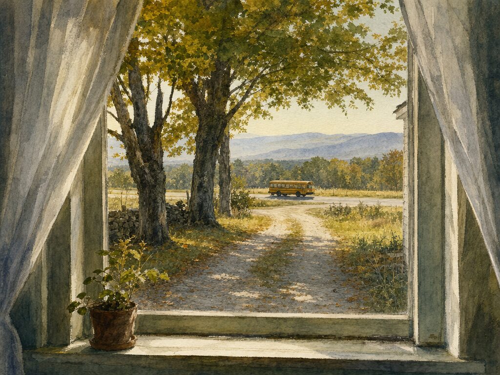 Watercolor view through a farmhouse window with sheer curtains and a potted plant, looking down the gravel drive to a yellow school bus on the road and blue mountains beyond.