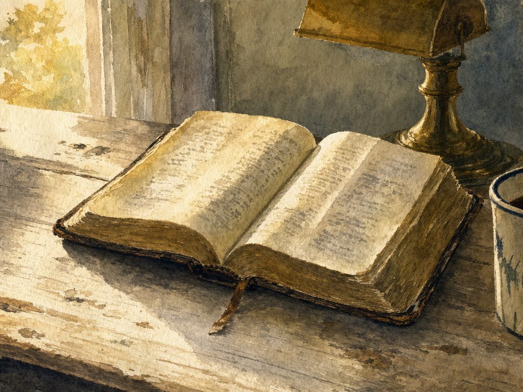 Watercolor close-up of an open Bible with worn edges on a wooden table beside a brass lamp and a coffee mug, with soft light from a window.