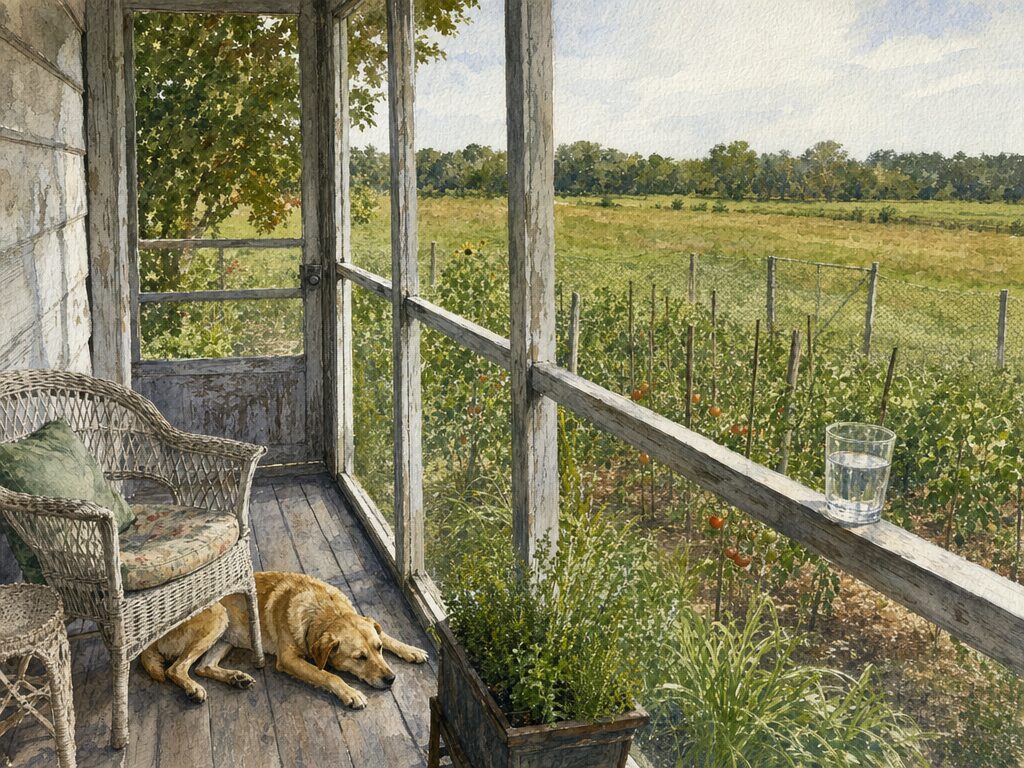 Watercolor of a screened porch with a sleeping dog on the floor, a wicker chair, a glass of water on the railing, the screen door ajar, and a vegetable garden and fields beyond.