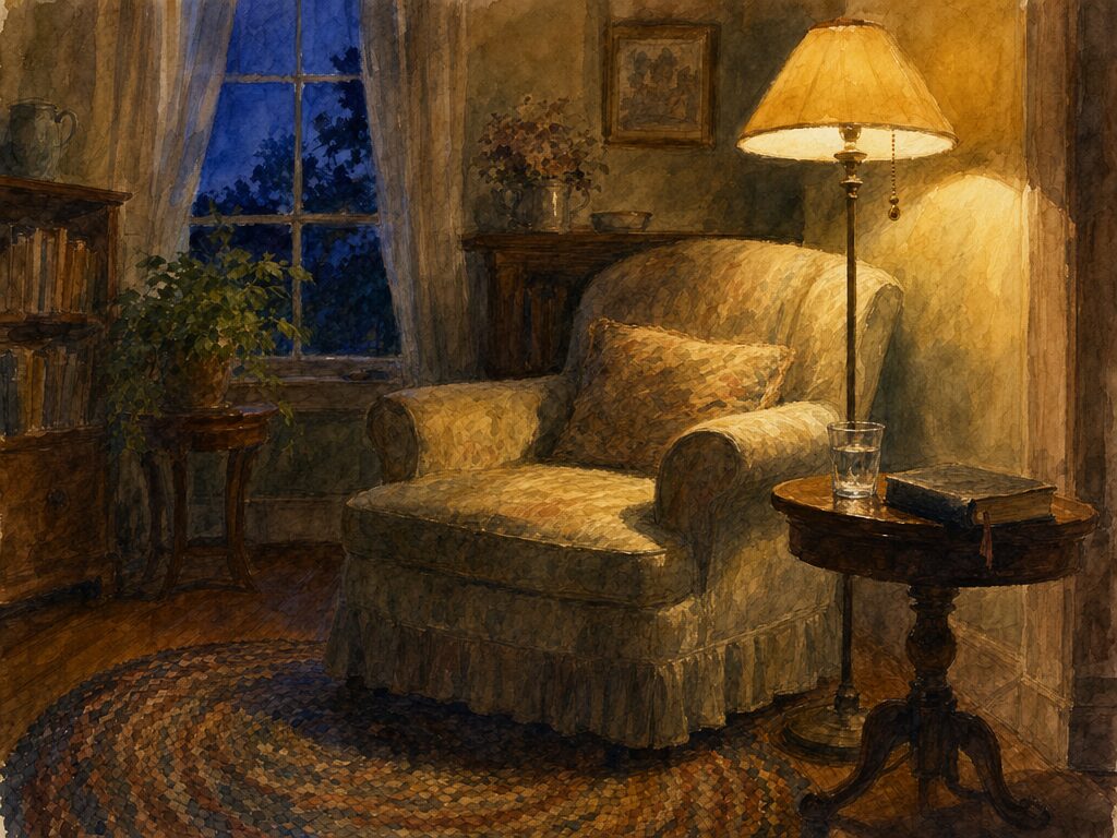 Watercolor of a farmhouse living room at night with a cushioned armchair, a lit floor lamp, a glass of water and a closed Bible on a side table, a braided rug, and a dark window.