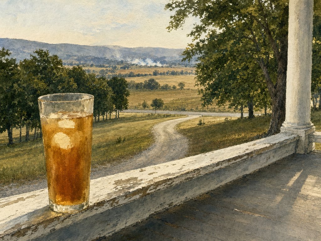 A glass of iced tea on a farmhouse porch rail, the gravel driveway running down to a county road and open farmland beyond.