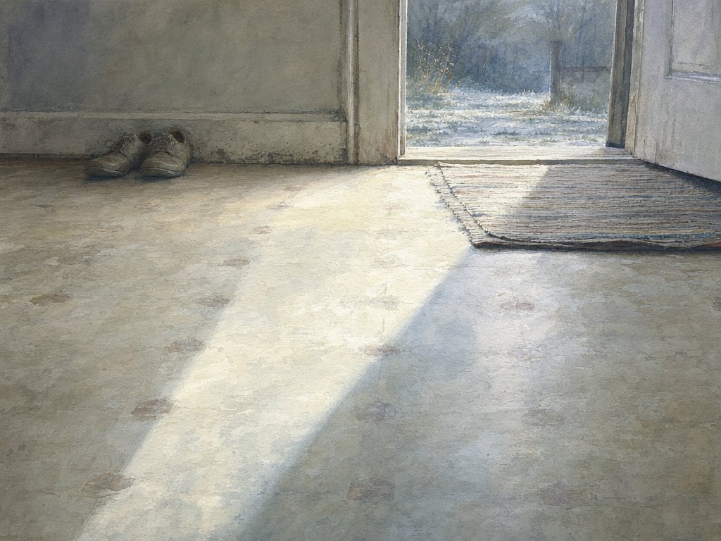 Early morning light falling in a long band across a worn kitchen floor from an open back door, a rag rug and a pair of shoes beside it.