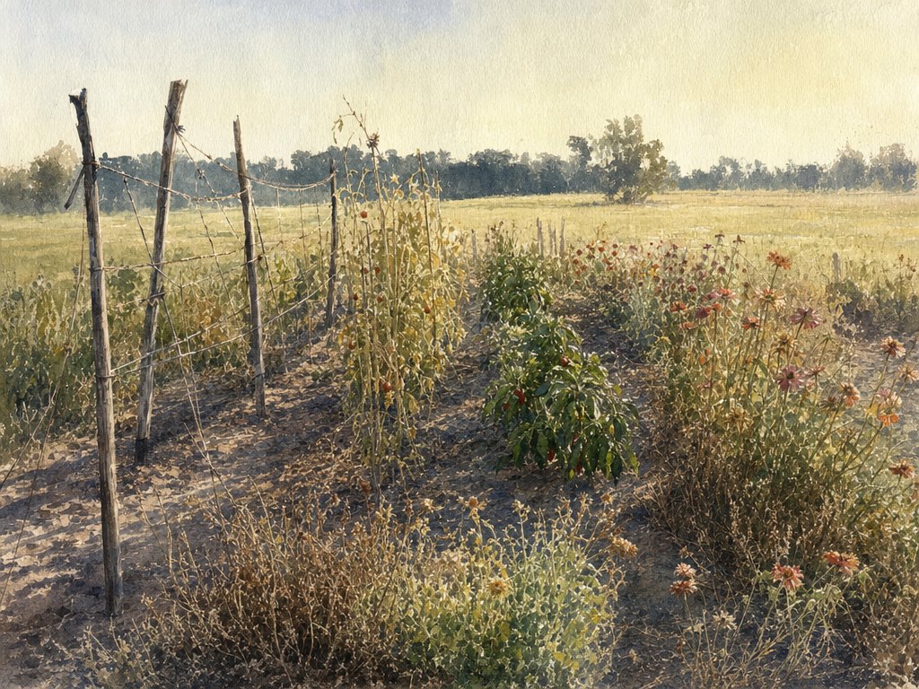 A small vegetable garden at the end of the season: an empty bean trellis, sagging tomato plants and spent zinnias, with flat pasture beyond.