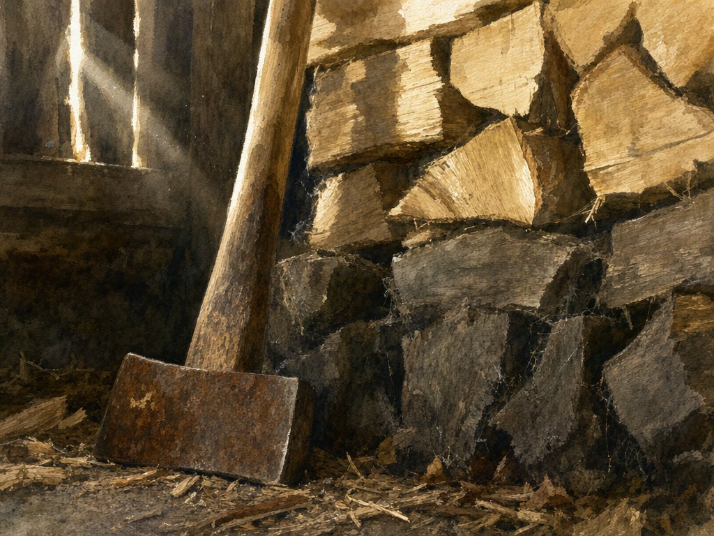 A stack of split firewood in an old barn, the top rows pale and fresh, the bottom rows dark and cobwebbed, a splitting maul leaning against it.