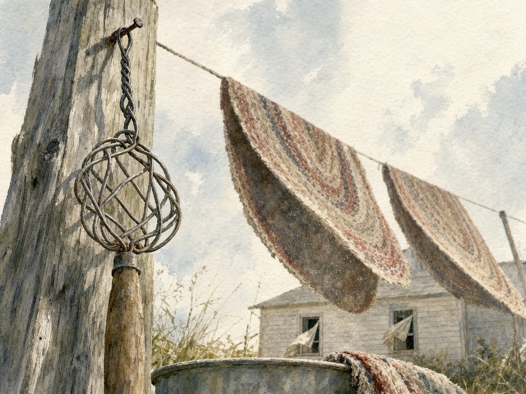 Braided rag rugs hung over a clothesline in a back yard, lifting in the wind, with a wire rug beater on a post and a house behind.