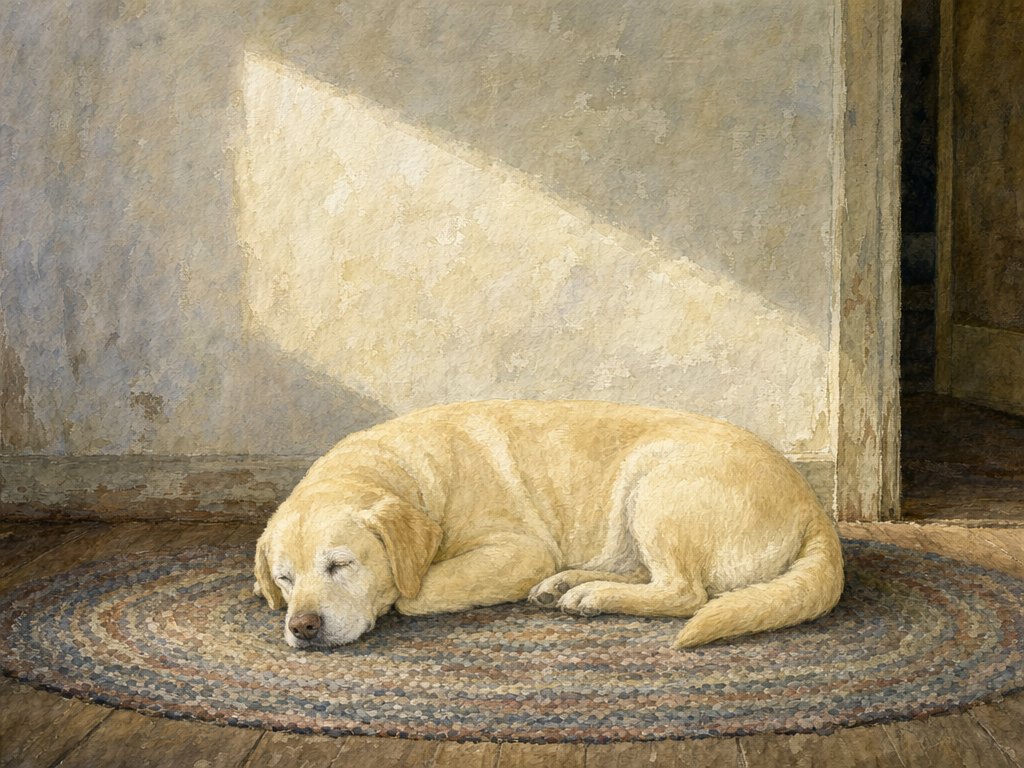 An old yellow Labrador asleep on a braided rag rug, morning light climbing the plaster wall behind him.