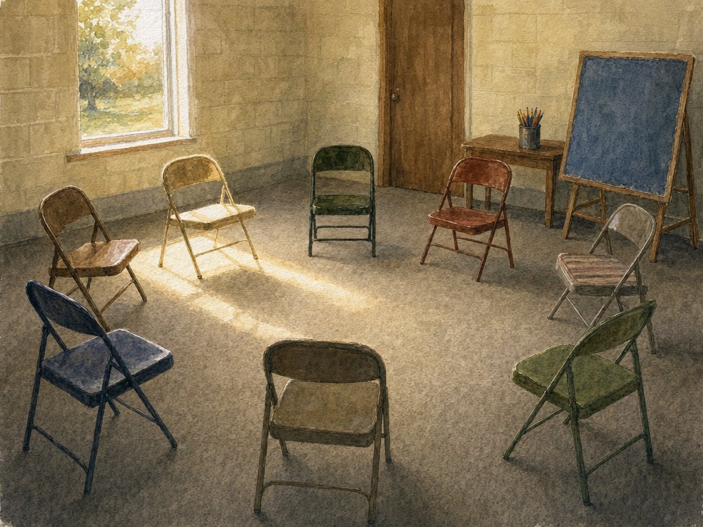 An empty Sunday school room with eight folding chairs set in a circle, a can of crayons on a table and a felt board on an easel.