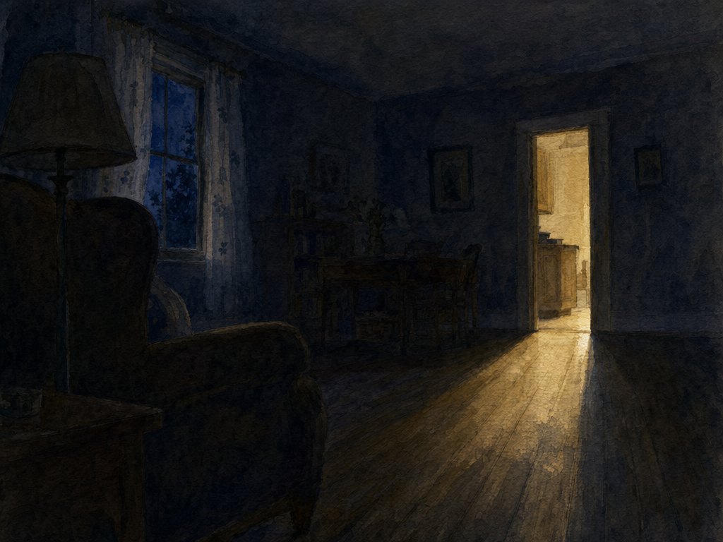 A dark living room at night seen from within, light falling through an open doorway from a lit kitchen across the floorboards.