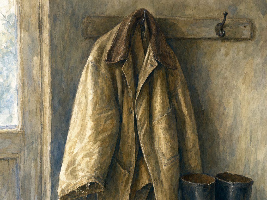 A worn canvas barn jacket hanging from an iron hook beside a back door, in thin morning light.