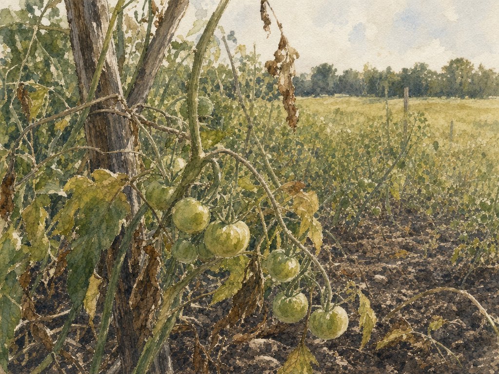 Small green tomatoes hanging on a spent, yellowing vine, with bare soil and flat pasture behind.