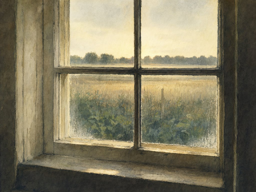 An old kitchen window seen from inside at first light, looking east over a garden edge, pasture and a distant tree line.