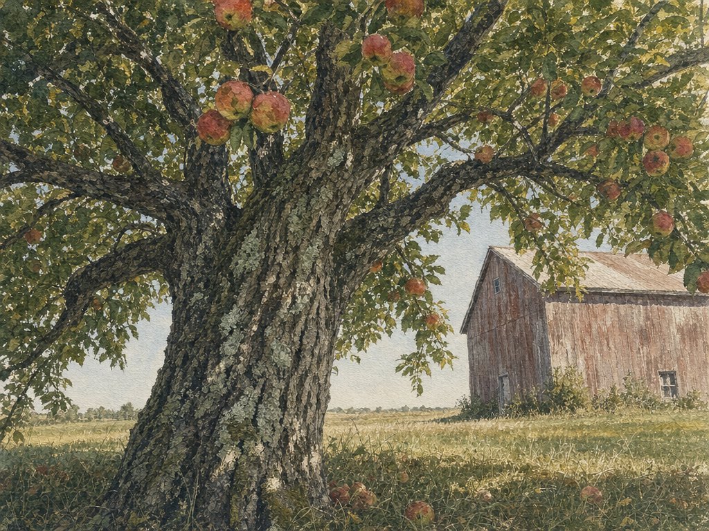 An old apple tree with a gnarled lichened trunk carrying red fruit, a weathered barn and flat pasture behind it.