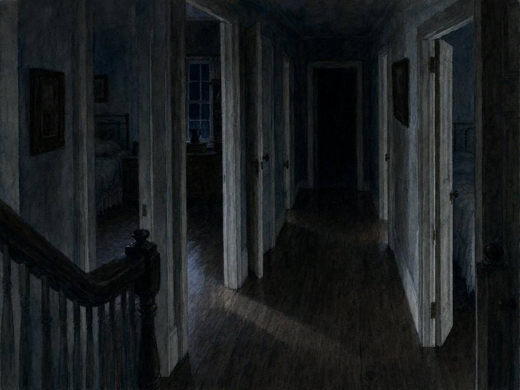 A farmhouse upstairs hallway in near-darkness, bare floorboards and open doorways barely visible in faint blue light.