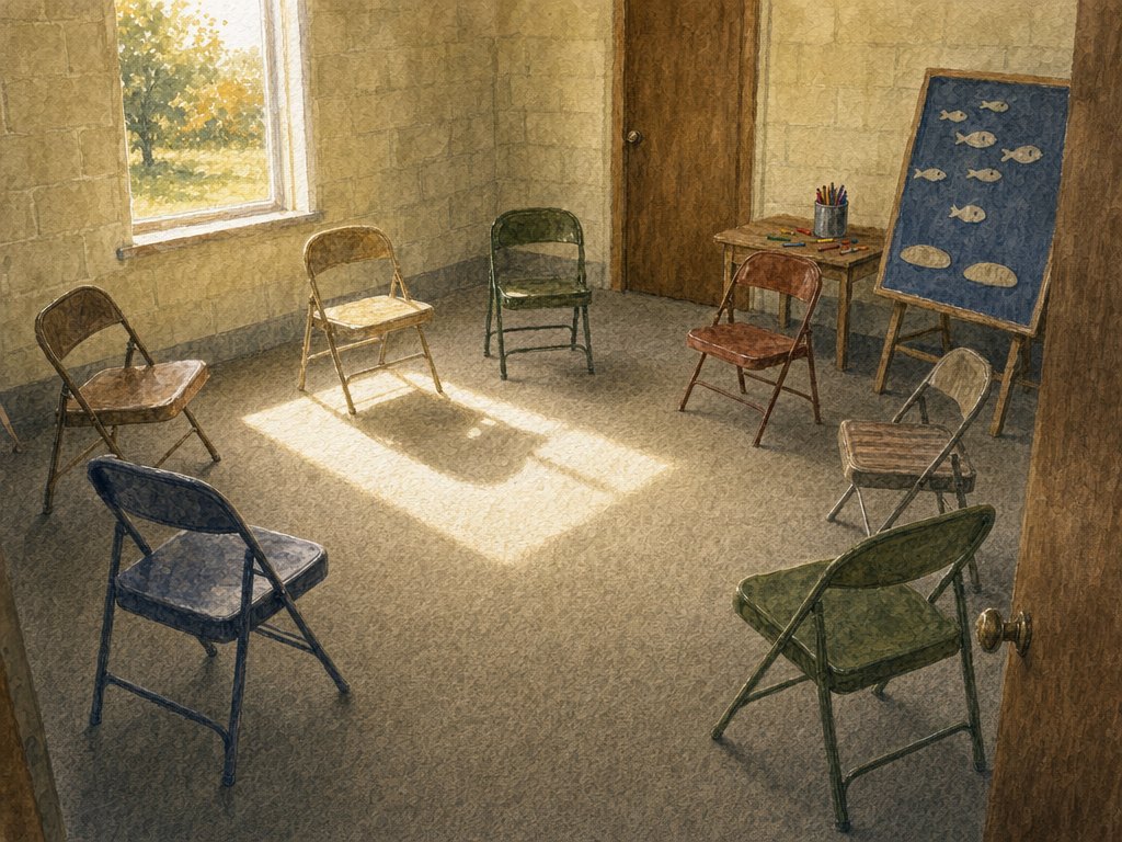 A Sunday school room just after class, the circle of chairs disturbed, felt fish and loaves on the board and crayons scattered on the table.
