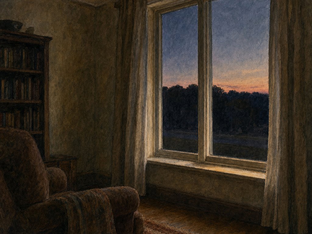 A darkening front room at dusk, an unlit window looking west over trees to a low band of fading sunset.
