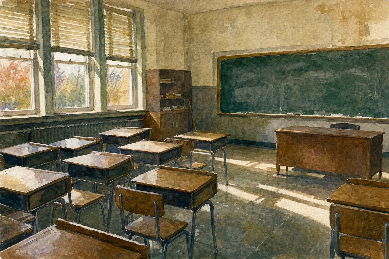 Watercolor of an empty 1970s elementary classroom in late afternoon, small wooden desks in rows, green chalkboard imperfectly erased, low autumn light across worn linoleum.