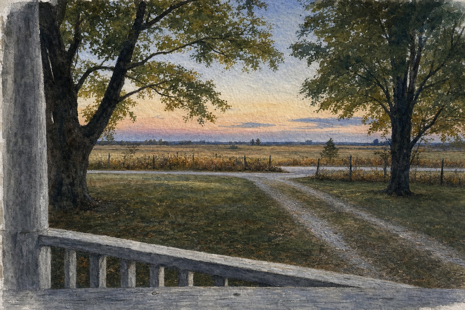 Watercolor view west from a farmhouse porch at last light, gravel drive between two shade trees, goldenrod along a fence, sky holding a low band of fading colour.