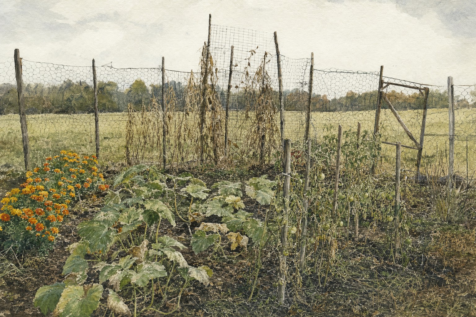 Watercolor of a late-September vegetable garden, bean vines gone brown on poles, squash leaves going pale, green tomatoes on stakes, marigolds still bright at one end.