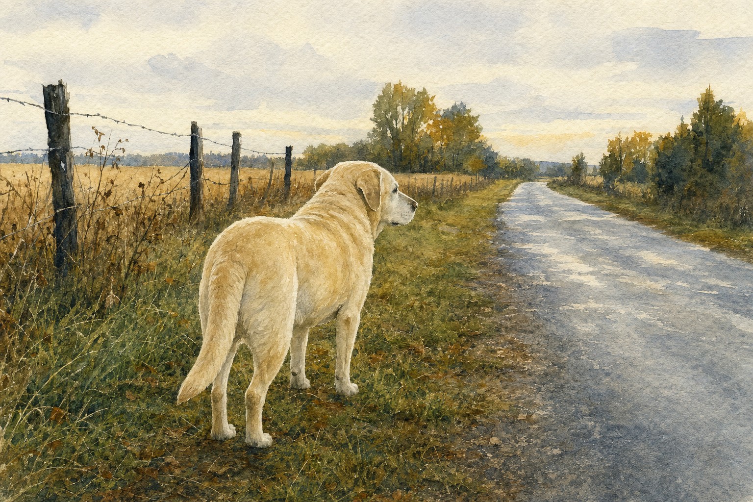 Watercolor of an old pale yellow Labrador mix standing still on a county road verge, seen from behind, road stretching ahead past wire fence and fields in thin morning light.
