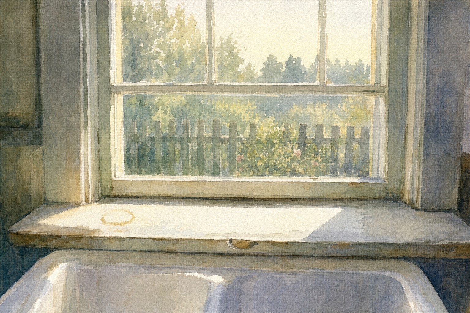 Watercolor of a farmhouse kitchen window over the sink at first light, close and straight on, early sun across a worn sill with a ring stain, garden fence soft beyond the glass.