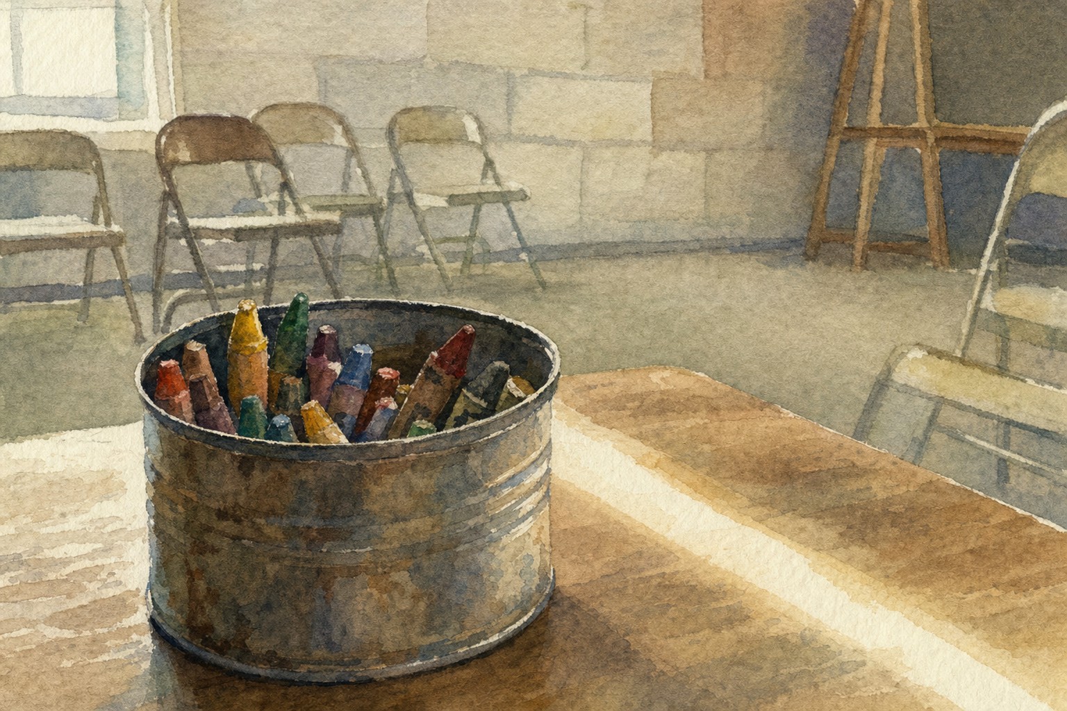 Watercolor of a steel tin of crayon stubs on a low table in a Sunday school room, morning light across the wood, folding chairs and a cinderblock wall soft in the background.