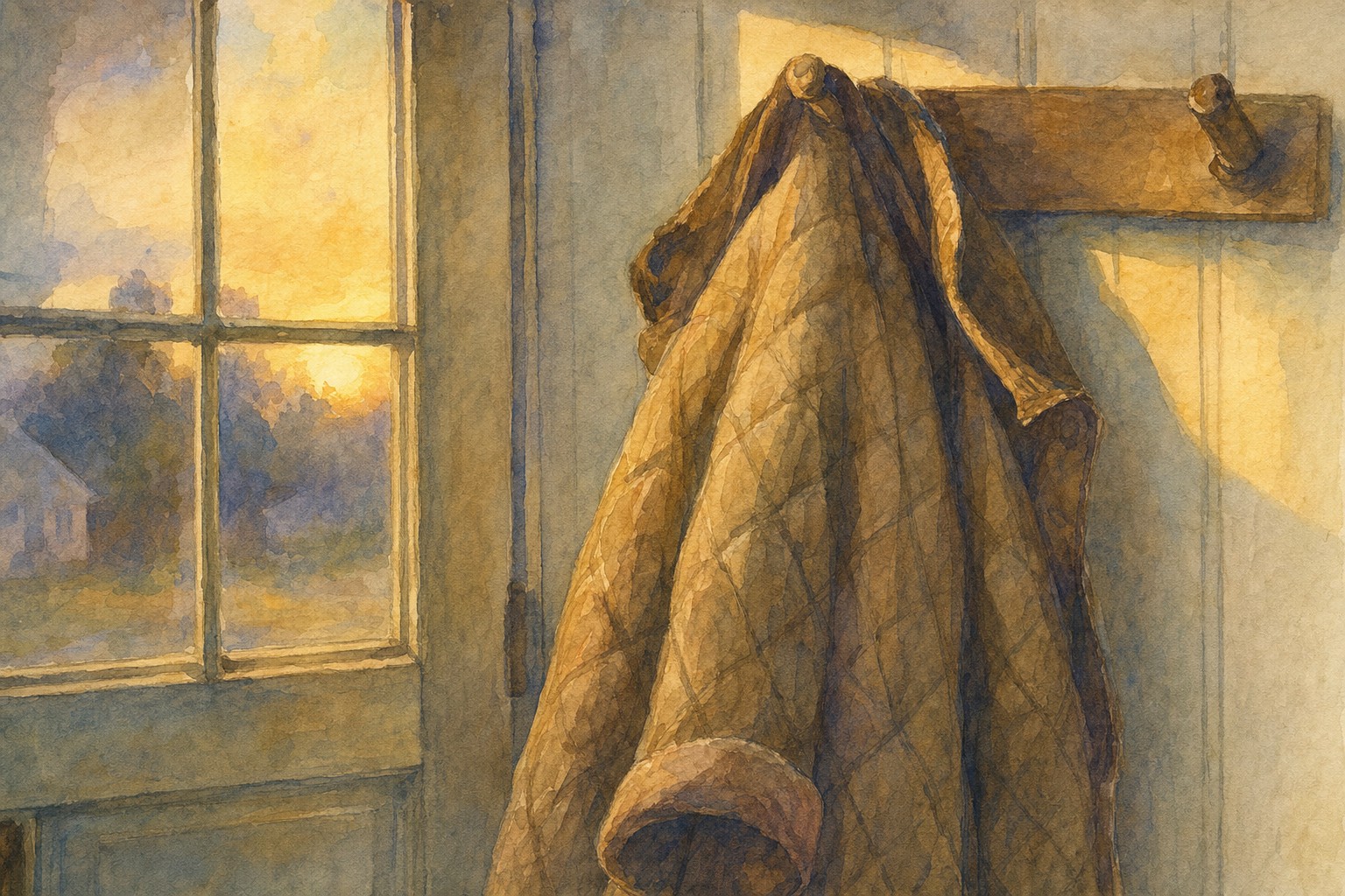Watercolor of a worn quilted barn jacket hanging on a wooden peg inside a farmhouse front door, late amber light through the door glass falling across the wall and shoulder.