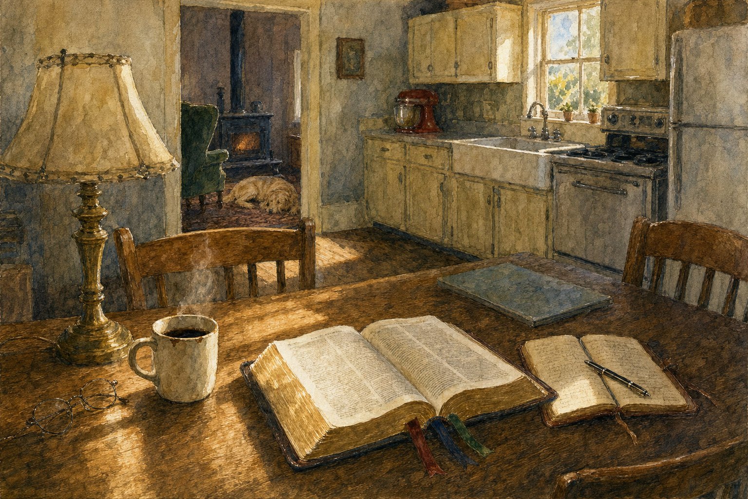 Watercolor painting of a farmhouse kitchen table at morning with an open Bible, a journal, reading glasses and a mug of coffee