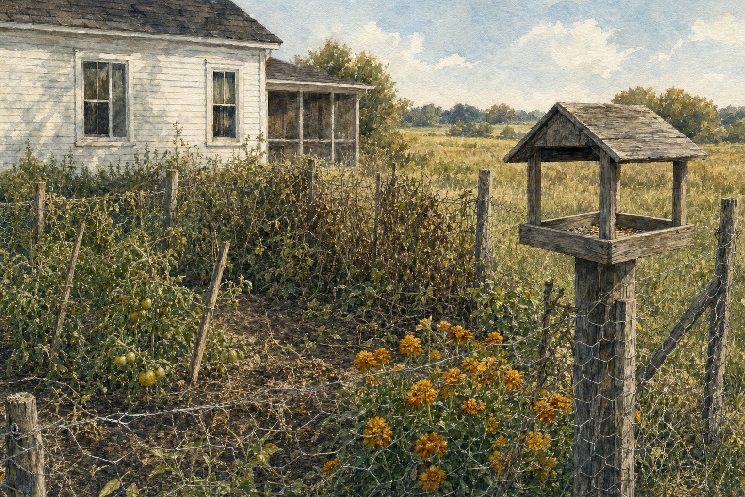 Watercolor painting of a late-September vegetable garden with an empty wooden bird feeder and marigolds along the fence
